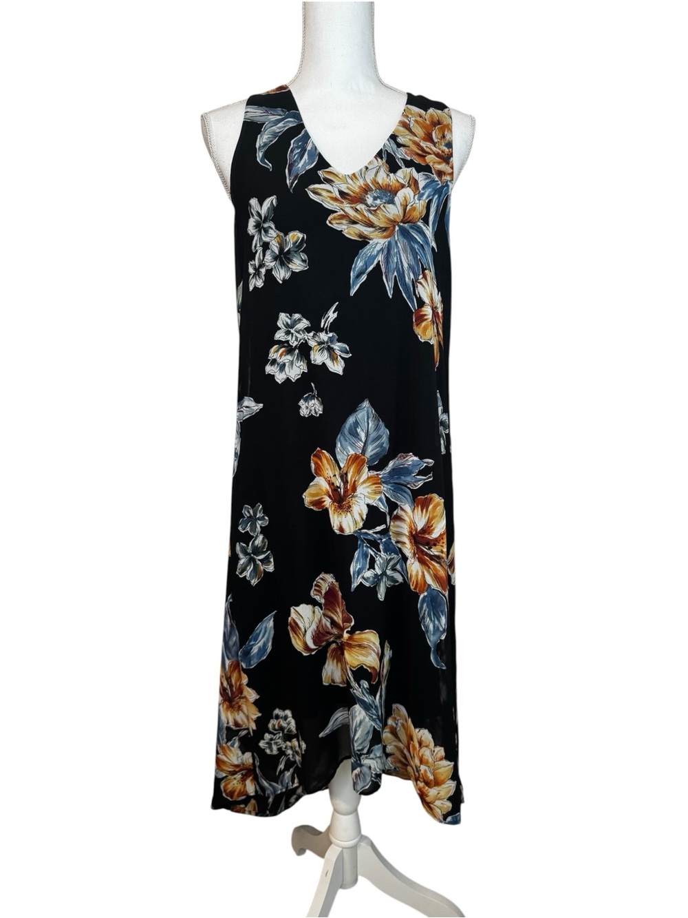 Karen Kane Floral High Low Midi Dress Black Blue Orange Sleeveless Flowy. Size M